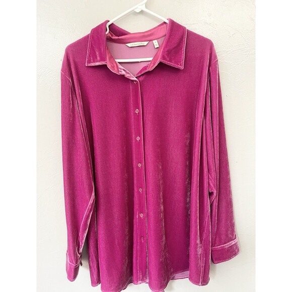 Soft Surroundings Womens 1X Fuchsia Velvet Boyfriend Tunic Shirt Top - Picture 1 of 9